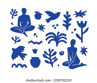 Vector set with trendy aesthetic elements inspired by modern minimal Matisse cut out style. Geometric shapes, flowers, plants, female figures for print, cover, wall art, poster, logo, pattern, collage