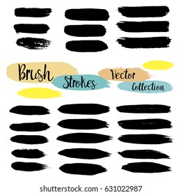 Vector set of trendy black, yellow and blue brush strokes or backgrounds. Artistic lines grunge collection. Set of grungy hand painted brush strokes isolated on white. Abstract ink design elements.