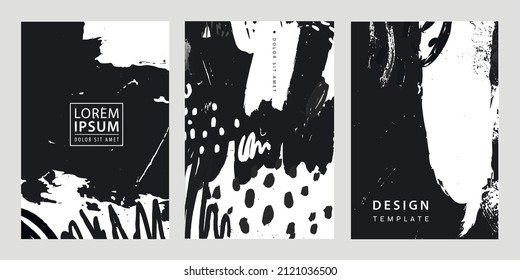 Vector set of trendy covers, banners templates. Grunge art black and white, brush, ink flyers, booklet design. Use for poster, card, invitation, placard, brochure.