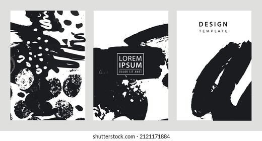 Vector set of trendy covers, banners templates. Grunge art black and white, brush, ink flyers, booklet design. Use for poster, card, invitation, placard, brochure.