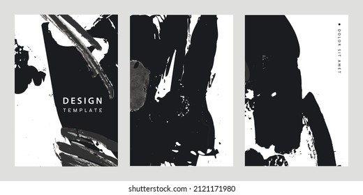Vector set of trendy covers, banners templates. Grunge art black and white, brush, ink flyers, booklet design. Use for poster, card, invitation, placard, brochure.