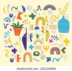 Vector set of trendy doodle and abstract nature geometric shapes and icons. Organic and minimalistic design for banner, cover, wallpaper, stories background decoration.