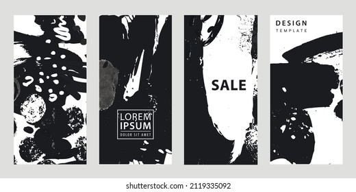 Vector set of trendy editable social net Stories templates. Grunge art black and white, brush, ink flyers, booklet design. Use for poster, card, invitation, placard, brochure.