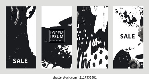 Vector set of trendy editable social net Stories templates. Grunge art black and white, brush, ink flyers, booklet design. Use for poster, card, invitation, placard, brochure.