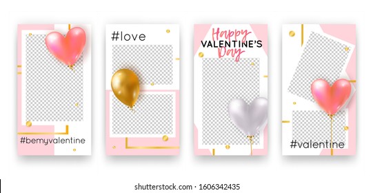 Vector set with trendy editable templates for social networks stories. Valentine's Day modern banners with hearts, balloons and phrases