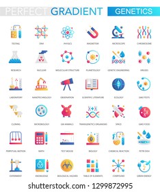 Vector set of trendy flat gradient genetics and biochemistry icons.