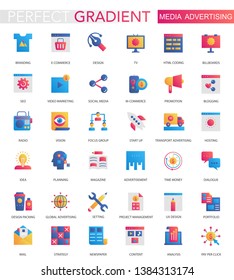 Vector set of trendy flat gradient media advertising icons.