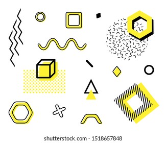 Vector set with trendy geometric shapes. Retro funky graphic, 90s and 80s design elements for magazine, leaflet, billboard, print, cover, banners