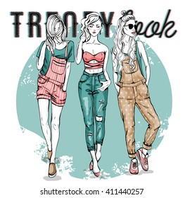 Vector set with trendy girls. Elegant, stylized fashion models illustration