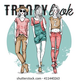 Vector con chicas de moda. Elegante, estilizada ilustración de modelos de moda