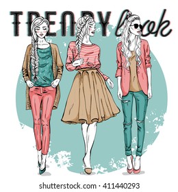 Vector set with trendy girls. Elegant, stylized fashion models illustration