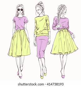 Vector set with trendy girls. Elegant, stylized fashion models illustration