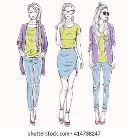 Vector set with trendy girls. Elegant, stylized fashion models illustration