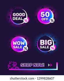 Vector set of trendy graphic gradient neon color sale badge and banner on black background. Sale design for web, site, banner, advertising