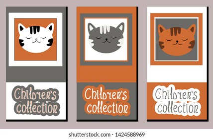 Vector set of trendy hand drawn patterns and baby design elements with ginger, gray and white cats. Good for children's clothing, packaging, surface textures, book covers, greeting cards