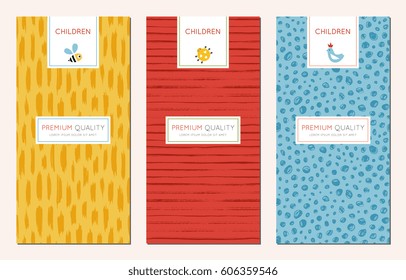 Vector set of trendy hand drawn seamless patterns and kid's design elements with bee, cute bug and bird. Good for children's cloths, package, wallpaper, books covers, greeting cards and invitations.