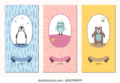 Vector set of trendy hand drawn seamless patterns and kid's design elements with penguin, owl, bug, bear and bee. Good for children's cloths, package, wallpaper, books covers and invitations.
