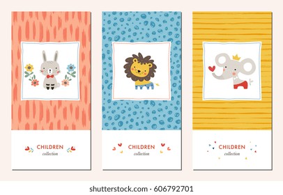 Vector set of trendy hand drawn patterns and kid's design elements with bunny, lion and elephant. Good for children's cloths, package, surface textures, books covers, greeting cards and invitations. 