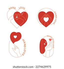Vector set with trendy hand made labels and badges in linear modern style. Collection of emblems with gestures - hand made, made with love, donate concept