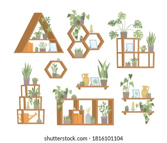 Vector set of trendy home decor with plants in pots, standing on shelf. Flat design of urban jungle, cozy living room used for magazine, book, poster, website, banner, brochure.