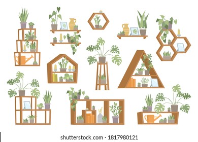 Vector set of trendy home decor with plants in pots, standing on shelf. Flat design of urban jungle, cozy living room used for magazine, poster, website, banner, brochure.