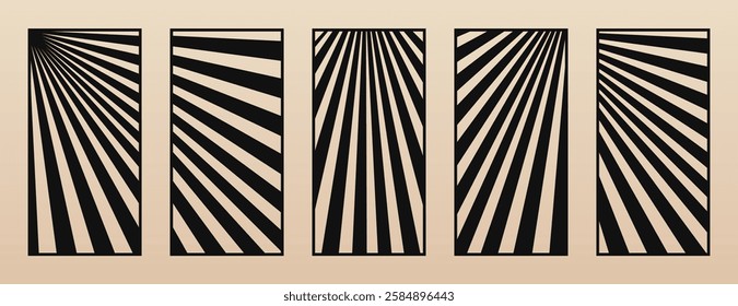 Vector set of trendy laser cut panels. Stencil collection with abstract geometric pattern, diagonal lines, stripes. Decorative template for laser, CNC cutting of wood, metal, plywood. Aspect ratio 1:2