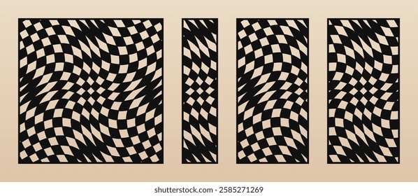 Vector set of trendy laser cut panels. Stencils with abstract geometric pattern, distorted lines, groovy checkered grid. Templates for CNC cutting of wood, metal, paper. Aspect ratio 1:1, 1:4, 1:2