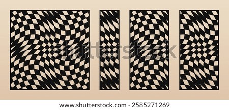 Vector set of trendy laser cut panels. Stencils with abstract geometric pattern, distorted lines, groovy checkered grid. Templates for CNC cutting of wood, metal, paper. Aspect ratio 1:1, 1:4, 1:2