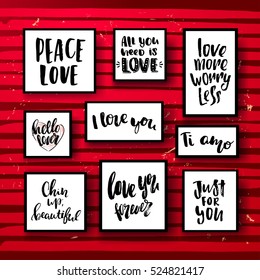 Vector set of trendy lettering posters. all you need is love, peace, just for you