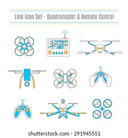 Vector set of trendy line icons of quadcopters and remote control.  Front and top view of air RC drones. Excellent clipart for web design and advertising.