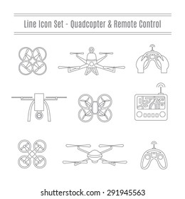 Vector set of trendy line icons of quadcopters and remote control. Grey outlines on white isolated background. Front and top view of air RC drones. Excellent clipart for web design and advertising.