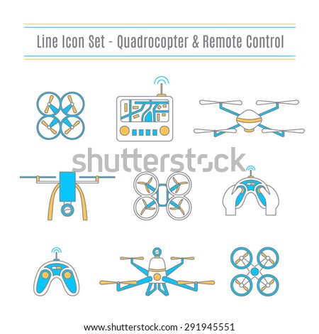 Vector set of trendy line icons of quadcopters and remote control.  Front and top view of air RC drones. Excellent clipart for web design and advertising.