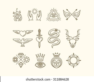 Vector set of trendy linear hipster icons and symbols - mono line tattoo graphics and design elements