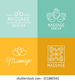 Vector set of trendy linear icons and logo design elements related to massage centers and relax - mono line signs and concepts