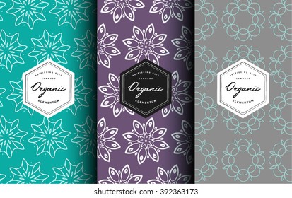 Vector set of trendy linear style floral patterns and design label with typography for packaging - floral shops, beauty and spa studios, natural cosmetics  