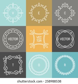 Vector set of trendy logo design elements in mono line style - hipster frames and backgrounds