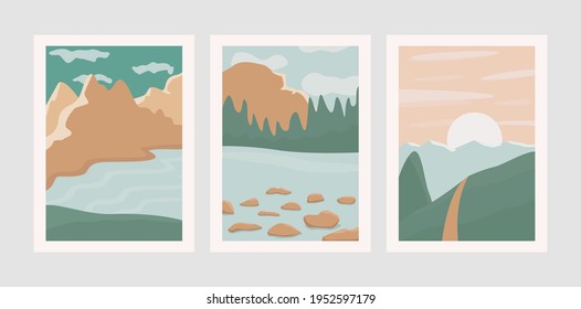 Conjunto de vectores de diseño minimalista abstracto. Composiciones mínimas y naturales para postales, cubiertas, papel pintado, arte mural. Paisajes de fondo con montaña, bosque, río. Decoración de boho.