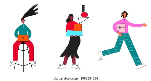 vector set of trendy multicultural people students.A girl in a laptop, a guy is late,a woman with geometric shapes.The concept of education at the university and remote study of sciences.Textured flat