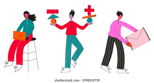 vector set of trendy multicultural people students.Ethnic students with laptop, geometric shapes, letter.The concept of education at the university and remote study of sciences.Textured flat