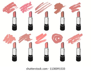 Vector set with trendy nude shades of lipstick on white background. Illustration in grunge sketch style with lipsticks and smears.You can easy change colors in the editor