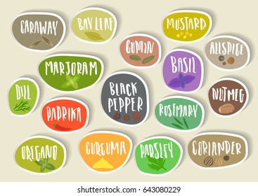 Vector set of trendy paper stickers for spices packing. Various natural herbal seasoning for food preparation with handwritten lettering and sketches of plants.