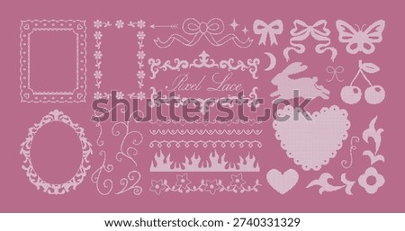 Vector set of trendy pixel lace ornate frames, decorative borders, swirls, bows and y2k elements. Vintage stitched embroidery heirlooms for wedding invitation, poster, scrapbook design. Needlecraft doilies and floral ornaments