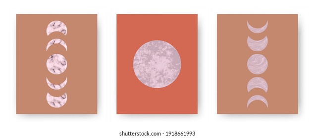 Vector set with trendy set of printable cards with boho mid century stone and marble textured shapes of moon, planets. Abstract contemporary aesthetic backgrounds with geometric elements