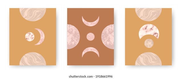 Vector set with trendy set of printable cards with boho mid century stone and marble textured shapes of moon, planets. Abstract contemporary aesthetic backgrounds with geometric elements