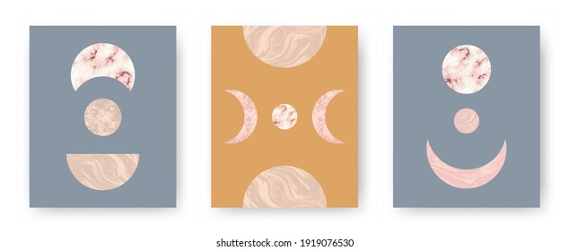 Vector set with trendy set of printable cards with boho mid century stone and marble textured shapes of moon, planets. Abstract contemporary aesthetic backgrounds with geometric elements