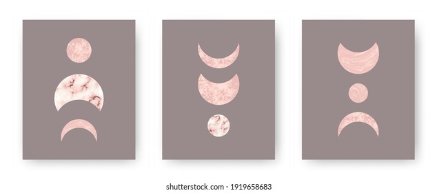 Vector set with trendy set of printable cards with boho mid century stone and marble textured shapes of moon, planets. Abstract contemporary aesthetic backgrounds with geometric elements