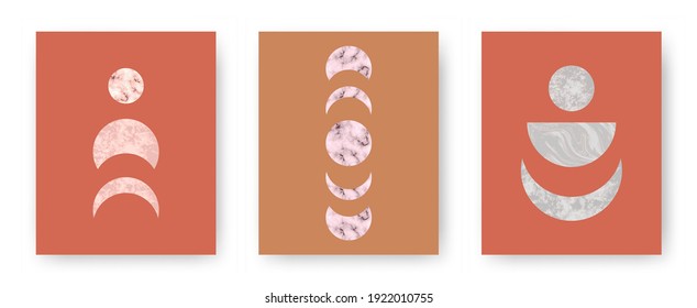 Vector set with trendy set of printable cards with boho mid century stone and marble textured shapes of moon, planets. Abstract contemporary aesthetic backgrounds with geometric elements