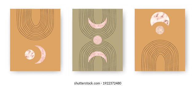 Vector set with trendy set of printable cards with boho mid century stone and marble textured shapes of moon, planets and lines. Abstract contemporary aesthetic backgrounds with geometric elements