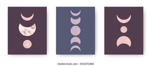 Vector set with trendy set of printable cards with boho mid century stone and marble textured shapes of moon, planets. Abstract contemporary aesthetic backgrounds with geometric elements