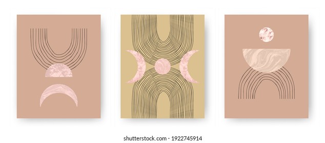 Vector set with trendy set of printable cards with boho mid century stone and marble textured shapes of moon, planets and lines. Abstract contemporary aesthetic backgrounds with geometric elements